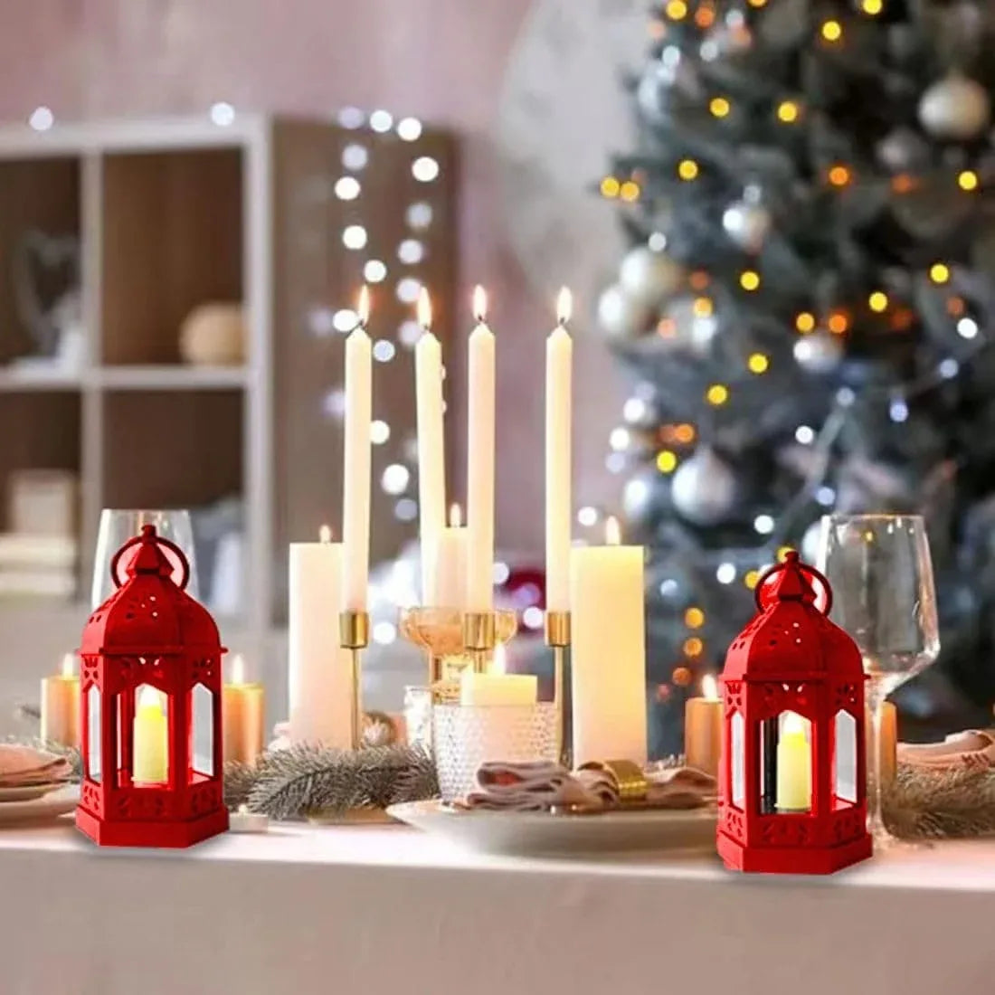 Red Ramadan Lantern Lamp with LED Candle
