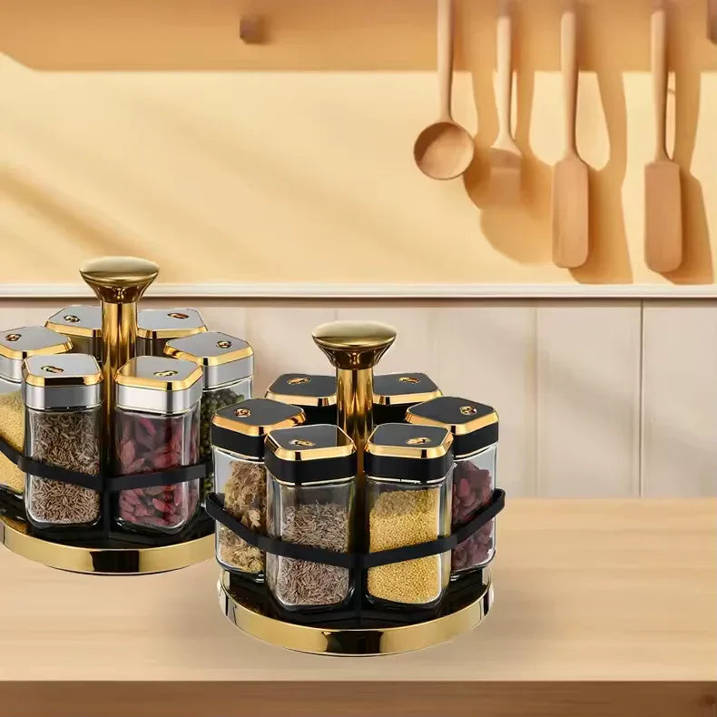 Rotating Spice Jar Set with 6 Glass Jars