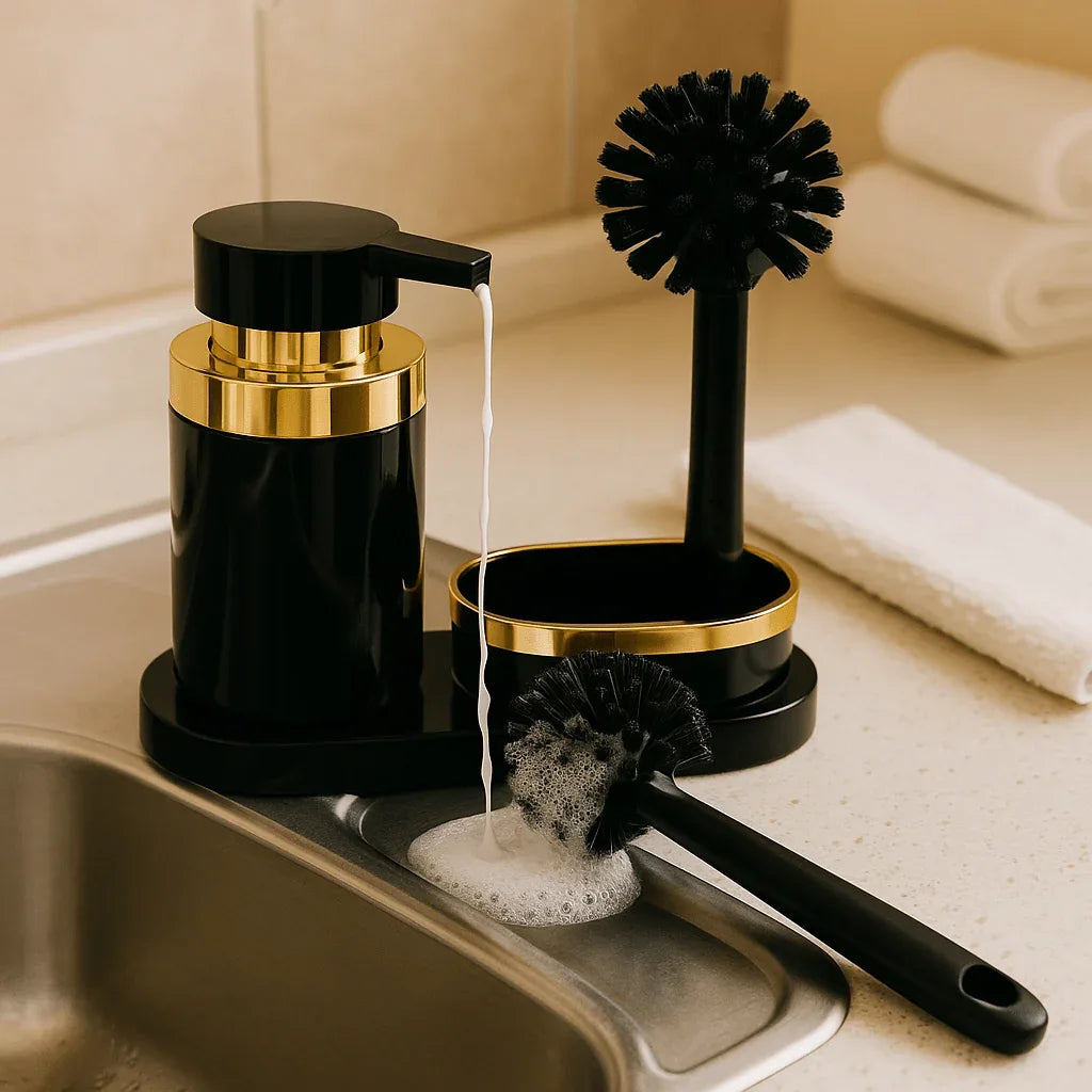 Soap Dispenser with Brush & Holder – Elegant Kitchen & Bathroom Set