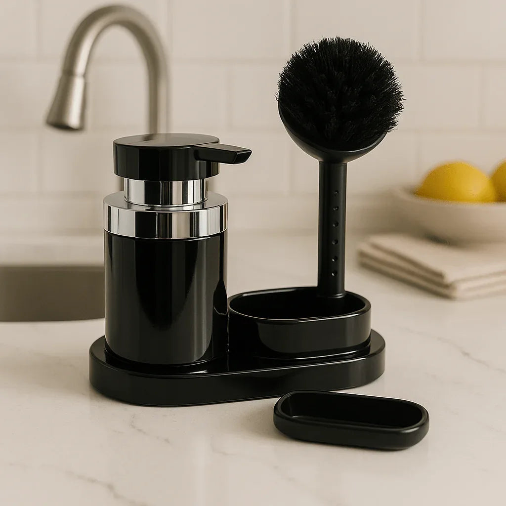 Soap Dispenser with Brush & Holder – Elegant Kitchen & Bathroom Set