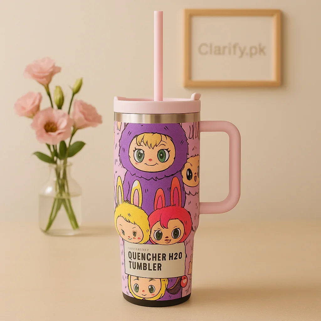 Insulated Tumbler with Straw - Cute Cartoon Labubu Design