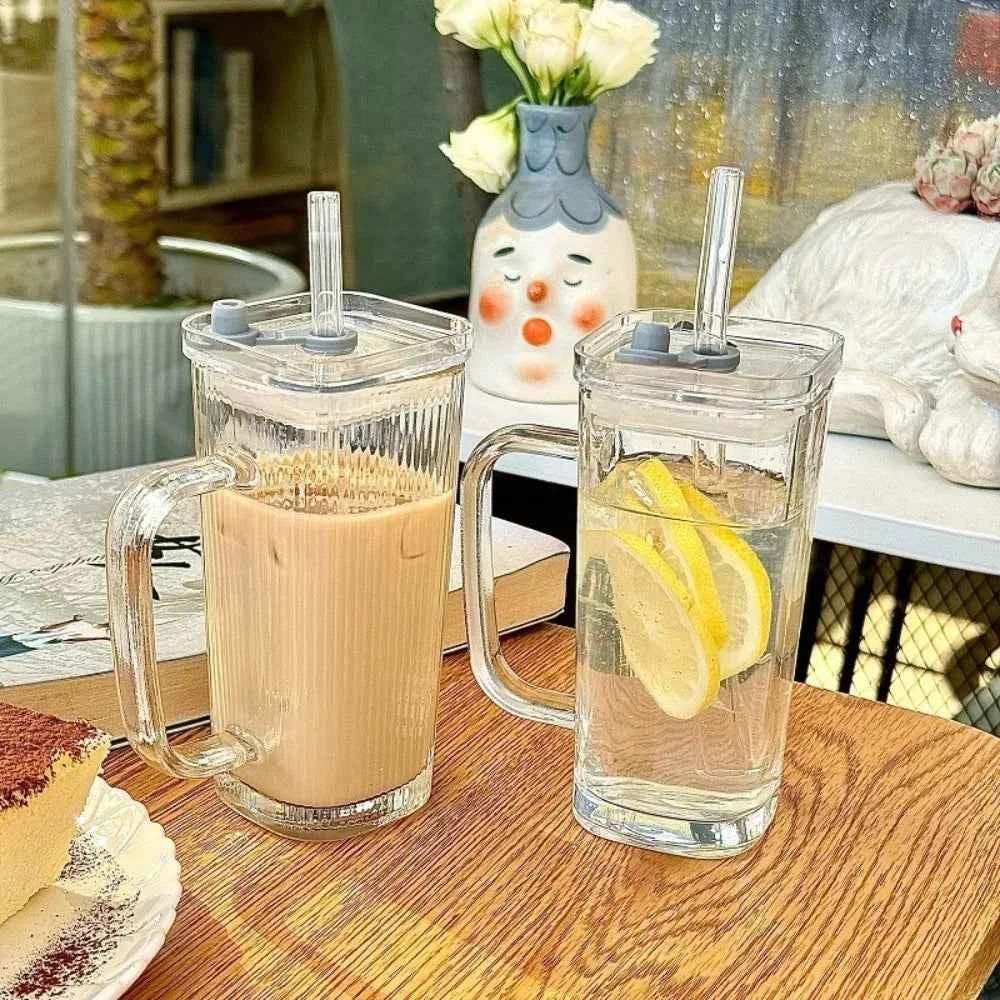 Stylish Square Glass Mug with Straw