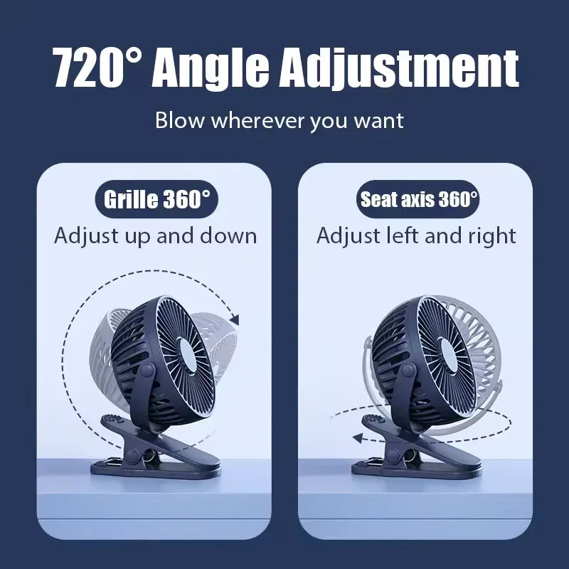 USB Rechargeable Clip-On Fan – Quiet & Long-Lasting