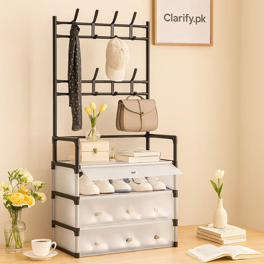 Multi-Functional 4-Layer Shoe and Coat Rack – 77cm Wide Dustproof Organizer
