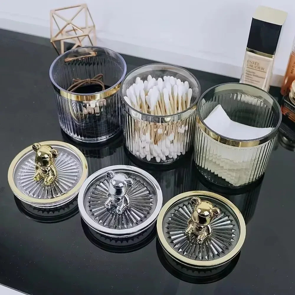 Cute Cotton Swab Storage Box with Gold Bear Lid