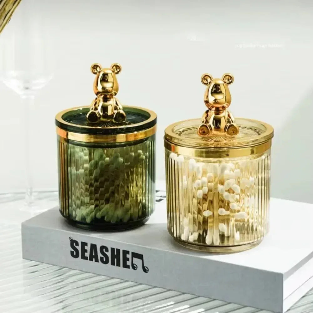 Cute Cotton Swab Storage Box with Gold Bear Lid