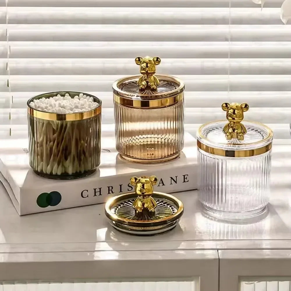 Cute Cotton Swab Storage Box with Gold Bear Lid