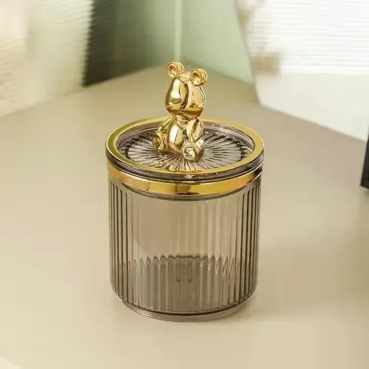 Cute Cotton Swab Storage Box with Gold Bear Lid