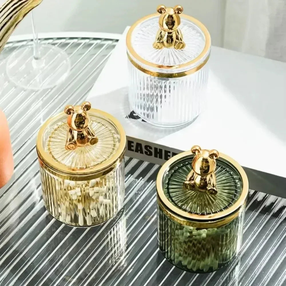 Cute Cotton Swab Storage Box with Gold Bear Lid