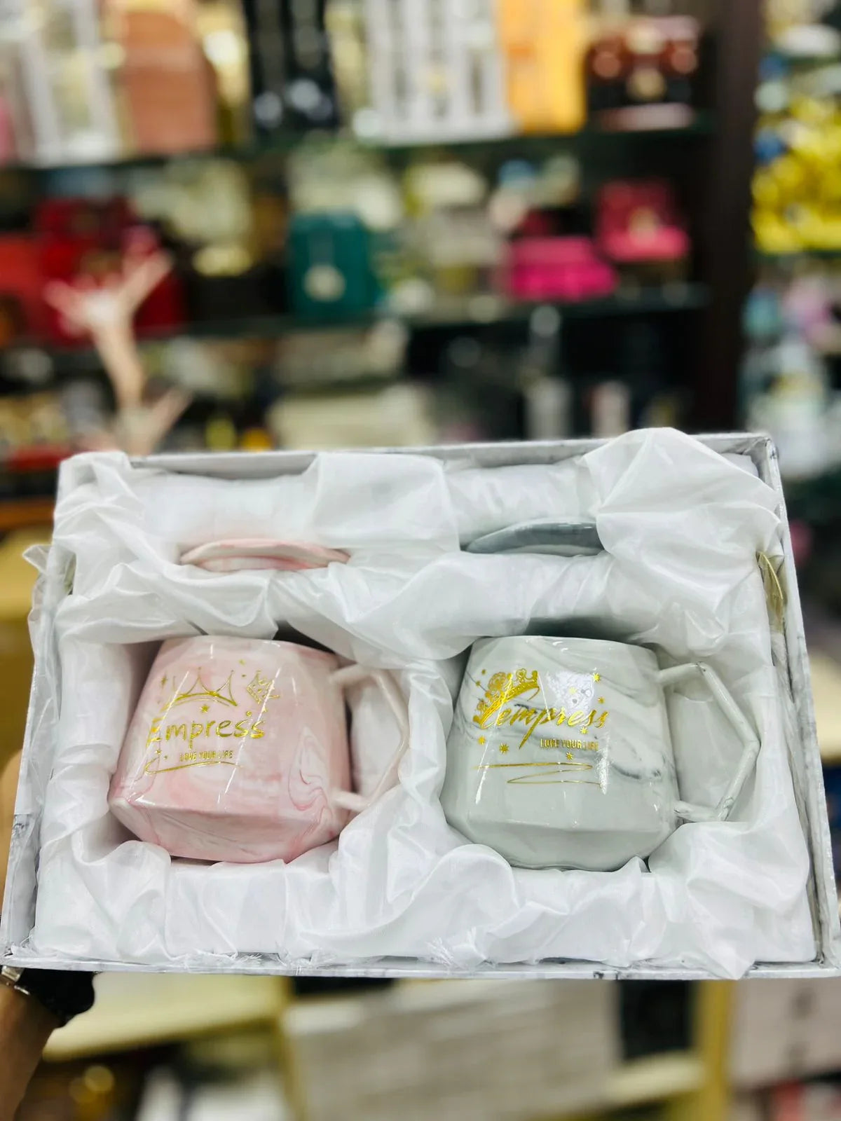 White and Pink Ceramic Mugs Set with Gold Print
