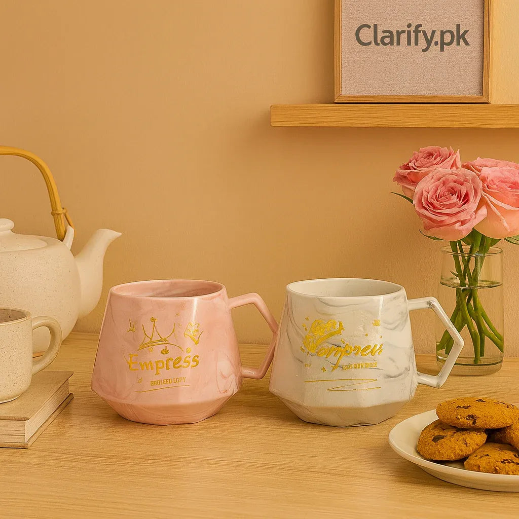 White and Pink Ceramic Mugs Set with Gold Print