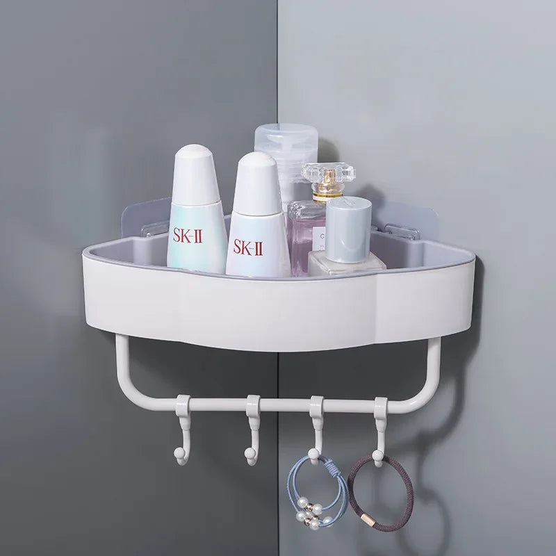 Wall-Mounted Corner Shower Shelf with Hooks