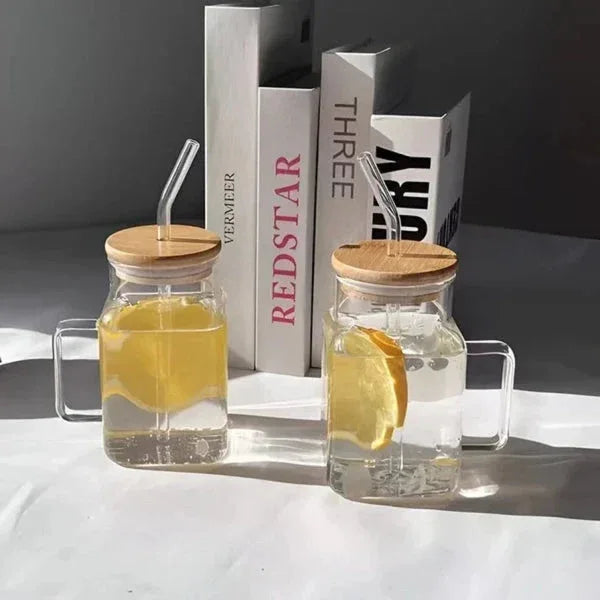 Mason Jar Glass with Handle & Bamboo Lid – Aesthetic