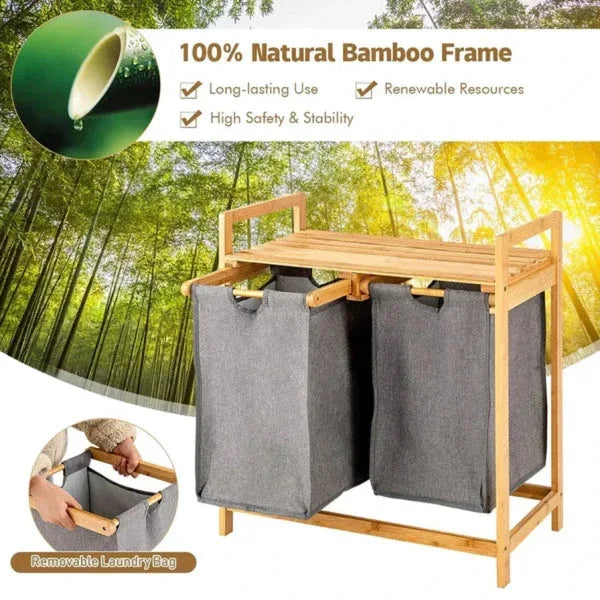 Double Compartment Bamboo Laundry Sorter – Grey Fabric Bags