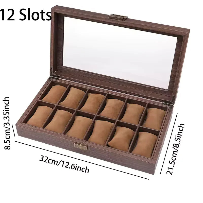 Wood Grain Leather Watch Box with Glass Lid