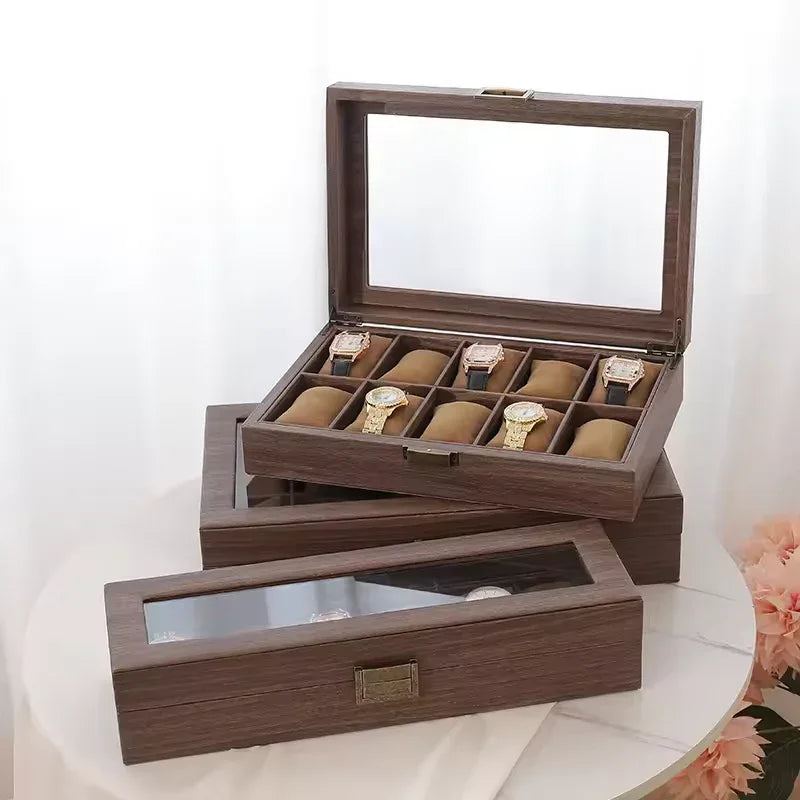 Wood Grain Leather Watch Box with Glass Lid