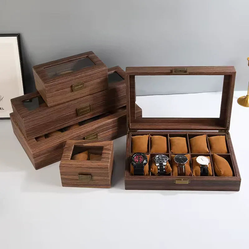 Wood Grain Leather Watch Box with Glass Lid