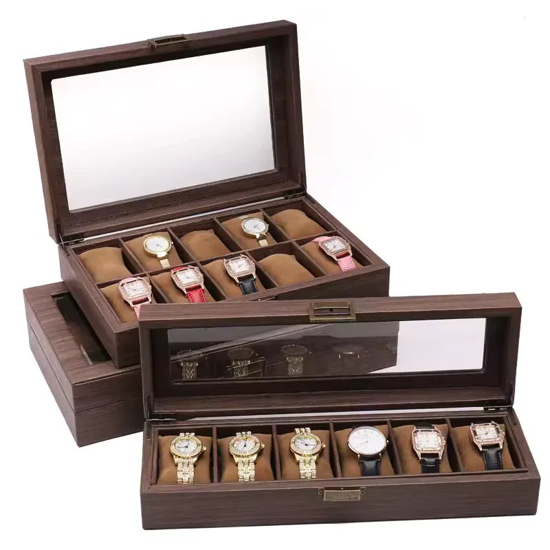Wood Grain Leather Watch Box with Glass Lid