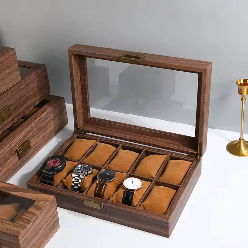 Wood Grain Leather Watch Box with Glass Lid