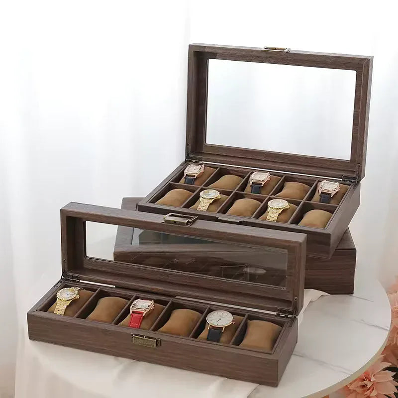Wood Grain Leather Watch Box with Glass Lid